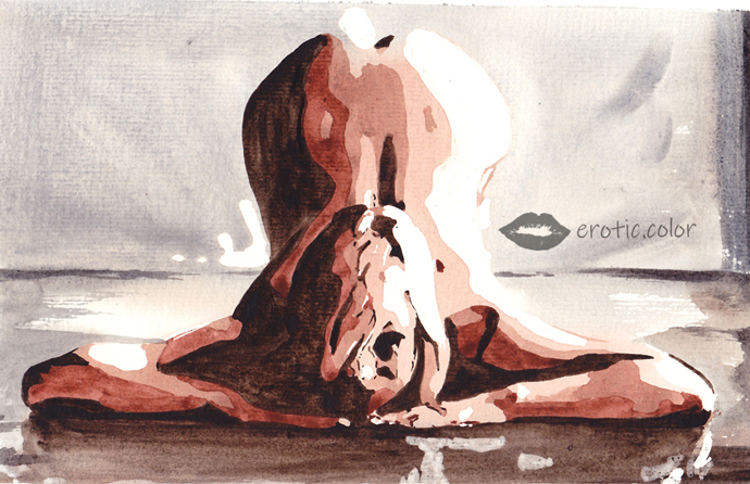 Watercolor nude portrait of kneeling girl